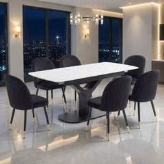 Sapphire 140-180cm Extending White Quartz Table & 6 Black Liza Chairs
