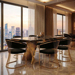 160cm Black Marble & Gold Dining Table with 6 Porado Black Chairs