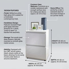 Norsk 2 Drawer Bedside Table - White High Gloss Modern Nightstand