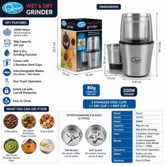 200W Wet & Dry Electric Nut and Coffee Grinder - Stainless Steel