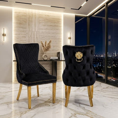 Set of 2 Victoria Black Velvet & Gold Dining Chairs with Lion Ring Knocker – Home Luxe Interior
