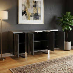 Genoa Grey Gloss Fluted Sideboard 4 Door Polished Steel Base 146cm