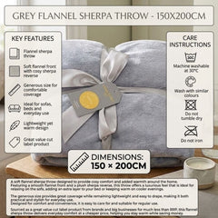 Grey Flannel Sherpa Throw - 150 x 200cm Soft Cosy Bed & Sofa Blanket