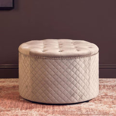 Zamora Round Grey Velvet Ottoman with Button Tufting & Stud Detail