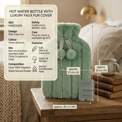 Luxury Green Faux Fur 2L Hot Water Bottle - Soft Plush Warm Gift