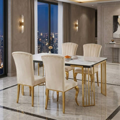Cindy White Sintered Stone Dining Table - Luxury Gold Geometric Legs