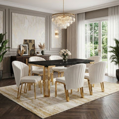 Sorrento 180cm Black Marble Gold Leg Dining Table & 6 Fabio Beige Chairs