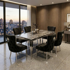 Sofia 1.8m Grey Marble Dining Table & 6 Victoria Black Silver Chairs