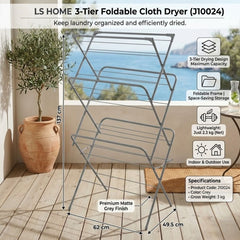 LS Home 3-Tier Foldable Clothes Airer - Lightweight Grey Indoor Dryer