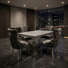 Sofia 1.2m Grey Marble Table & 4 Victoria Grey Lion Silver Chairs