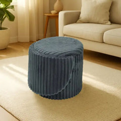 3 In 1 Grey Harp Ribbed Ottoman Storage Stool - Modern Velvet Seat
