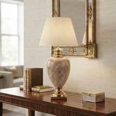 Large Cream & Gold Marble Table Lamp with Pleated Shade 79cm Tall