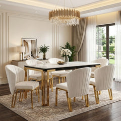 Sorrento 180cm White Marble Gold Leg Dining Table & 6 Fabio Beige Chairs
