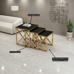 Aida Black Ceramic & Gold Nesting Tables - Set of 3 Square Side Tables
