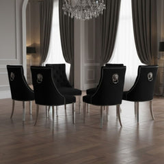 Set of 6 Minister Black Brushed Velvet Lion Knocker Chairs & Pearls