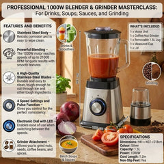 Professional 1000W Blender & Grinder - 1.5L Silver Stainless Steel