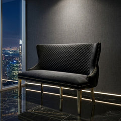 Victoria Black Shimmer Fabric Luxury Bench with Gold Lion Knocker