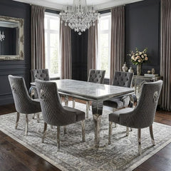 Sofia 1.6m Cream Gold Dining Table & 6 Grey Lion Back Velvet Chairs