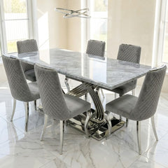 Elina 180cm Grey Marble Dining Table & 6 Grey Roxby Dining Chairs Set