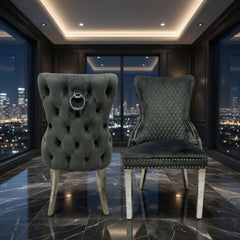 Set of 2 Grey Victoria Dining Chairs with Ring Knocker & Silver Legs