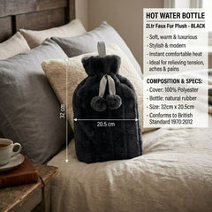 Black 2L Faux Fur Hot Water Bottle - Luxury Plush Pom Pom Winter Gift