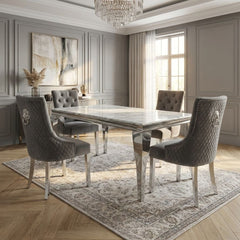 Sofia 1.5m Grey Marble Dining Table & 4 Minister Grey Lion Chairs