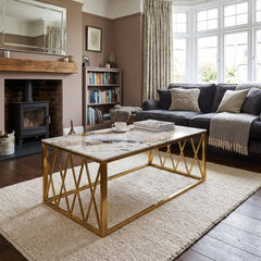 Gold Coffee Table with White Marble Top & Stainless Steel Frame Set