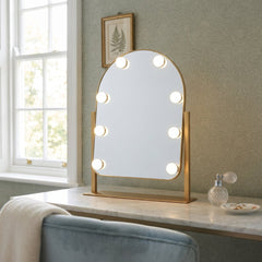 Gold LED Vanity Mirror with Touch Sensor, Dimmable Lights & Stand