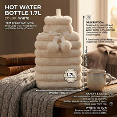 Ribbed Fur 1.7L Hot Water Bottle with Poms - Luxury Cream Winter Gift