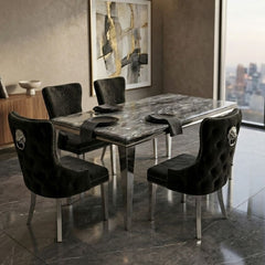 Sofia 1.5m Grey Marble Dining Table & 4 Victoria Black Silver Chairs
