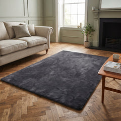 Charcoal Burton Rabbit Fur Soft Touch Rug Anti Slip Washable UK