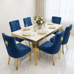Sofia 1.6m Cream Gold Dining Table & 6 Blue Lion Back Velvet Chairs