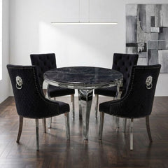 Sofia 1.1m Round Grey Marble Dining Table & 4 Minister Black Chairs