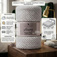 House of Tweed Light Grey Luxury Pompom Throw - Extra Large 200x240cm