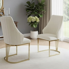 Set of 2 Lasco Cream and Gold Fabric Dining Chairs with Metal Legs
