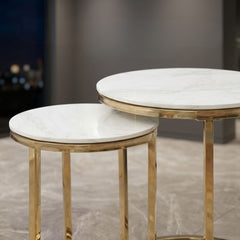 Aiza White Marble Effect Nest of 2 Side Tables - Luxury Gold Frame