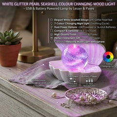 White Glitter Pearl Seashell Colour Changing Mood Light - USB/Battery