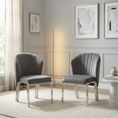 Set of 2 Grey Velvet Fabio Dining Chairs with Modern Silver Frame