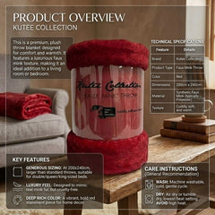 Kutex Red Faux Mink Throw - 200x240cm Extra Large Soft Warm Blanket