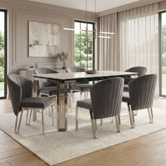 Sorrento 180cm White Marble Silver Leg Dining Table & 6 Fabio Grey Chairs