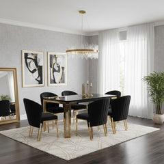 Sorrento 180cm Black Marble Gold Leg Dining Table & 6 Fabio Black Chairs