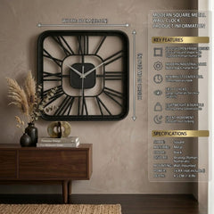 Modern Square Metal Wall Clock - 60cm Minimalist Roman Numeral Design