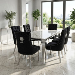 Sofia 1.8m Grey Marble Dining Table & 6 Black Minister Lion Chairs