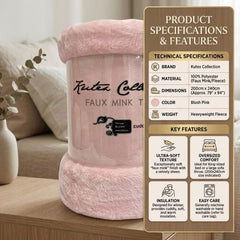 Kutex Blush Faux Mink Throw - 200x240cm Extra Large Soft Cuddly Blanket