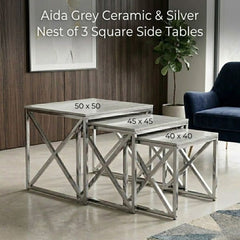 Aida Grey Ceramic Silver Base Nest of 3 Square Side Tables Set