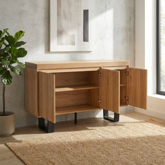 Oakton Natural Wood Sideboard 3 Door Black Metal Legs 140cm