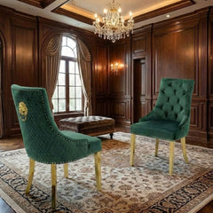 Set of 2 Minister Green Velvet Dining Chairs with Gold Lion Knocker