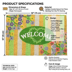 Floral Welcome Coir Doormat - Natural Coconut Fibre - 60x40cm
