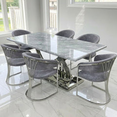 Elina 180cm Grey & Chrome Marble Dining Table & 6 Porado Chairs Set