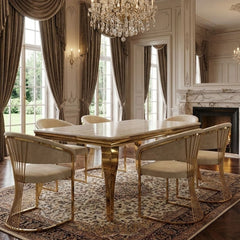 160cm Cream Marble & Gold Dining Table with 6 Porado Cream Chairs